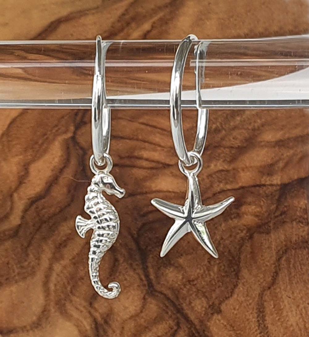Seahorse & Starfish Hoop Earrings 15mm 925 Sterling Silver