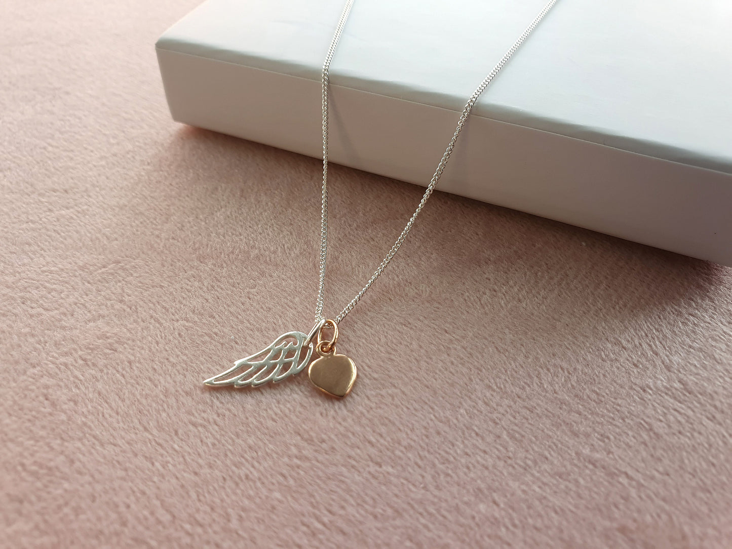 Godmother Angel Wing Necklace with Rose Gold Heart in Sterling Silver 925, Personalised Gift