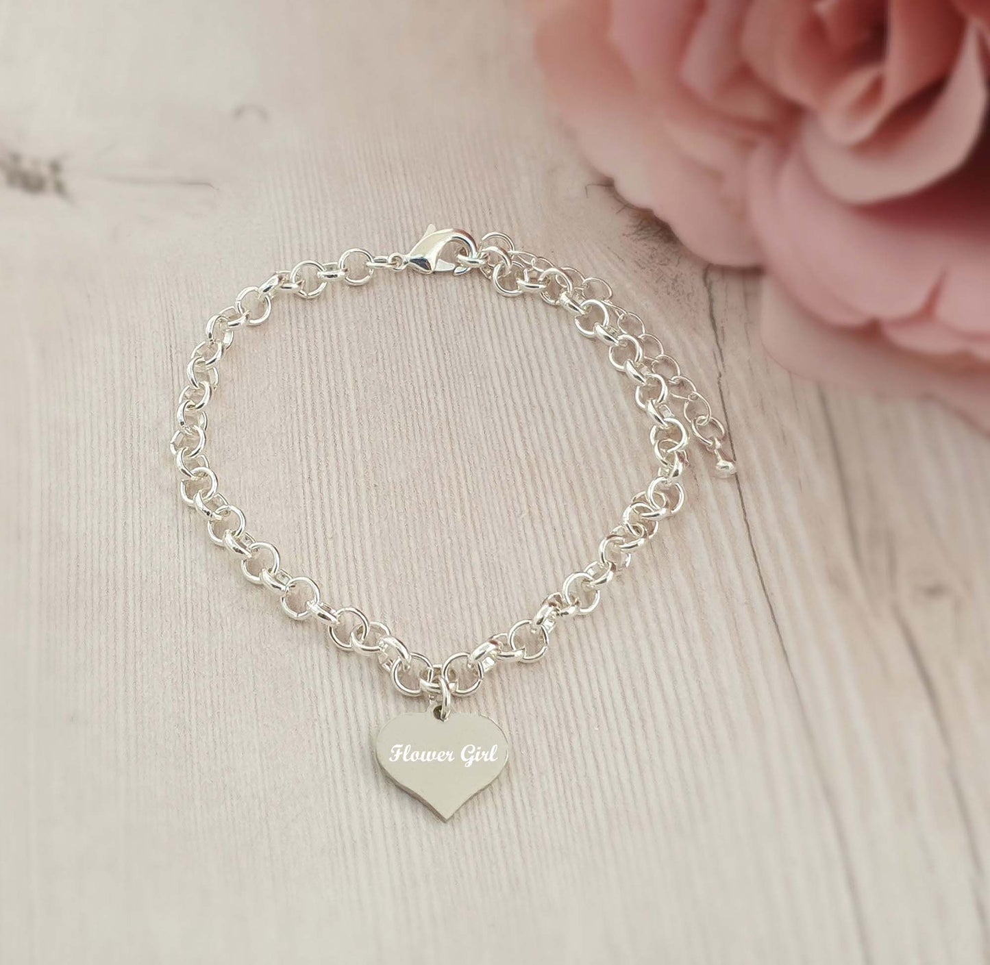 Flower Girl Engraved Heart Charm Link Bracelet, Wedding Gift for Girl's