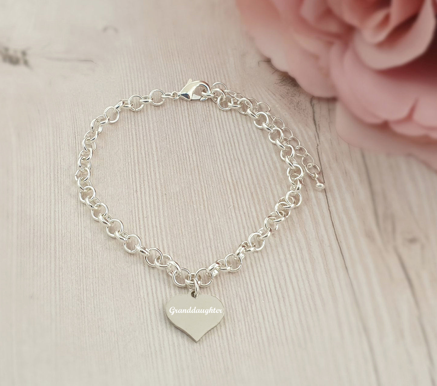 Granddaughter Engraved Heart Charm Link Bracelet, Gift for Girl's and Women