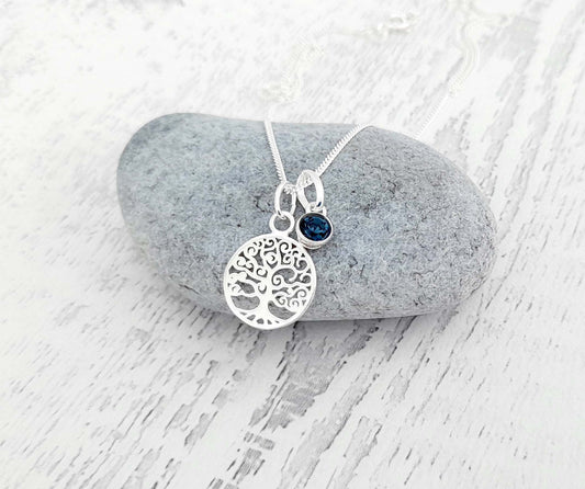 Tree of Life 925 Sterling Silver Necklace with Optional Crystal Birthstone - Includes a Personalised Gift Message