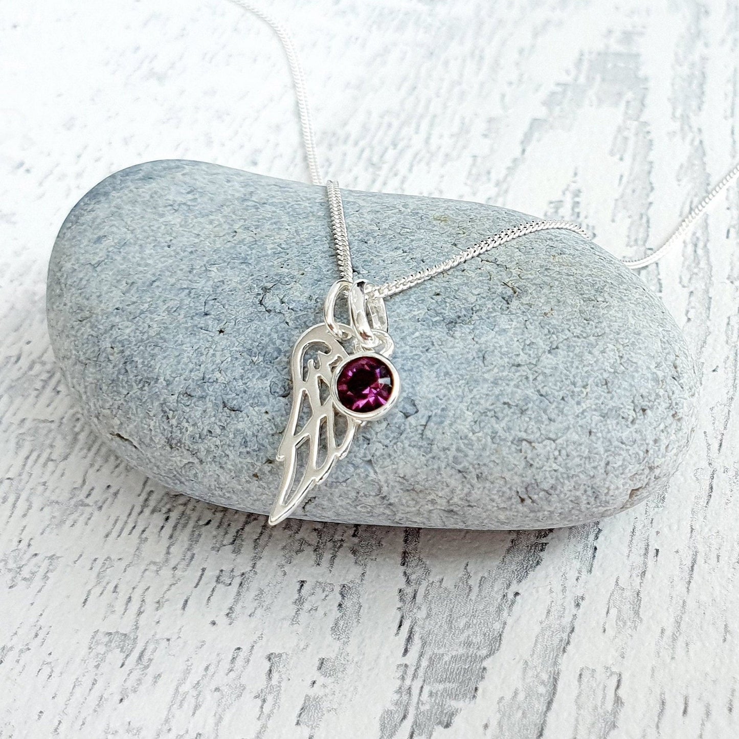 Angel Wing Birthstone Necklace Sterling Silver 925, Personalised Jewellery