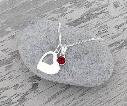 Cut Out Heart 925 Sterling Silver Necklace with Optional Crystal Birthstone - Includes a Personalised Gift Message