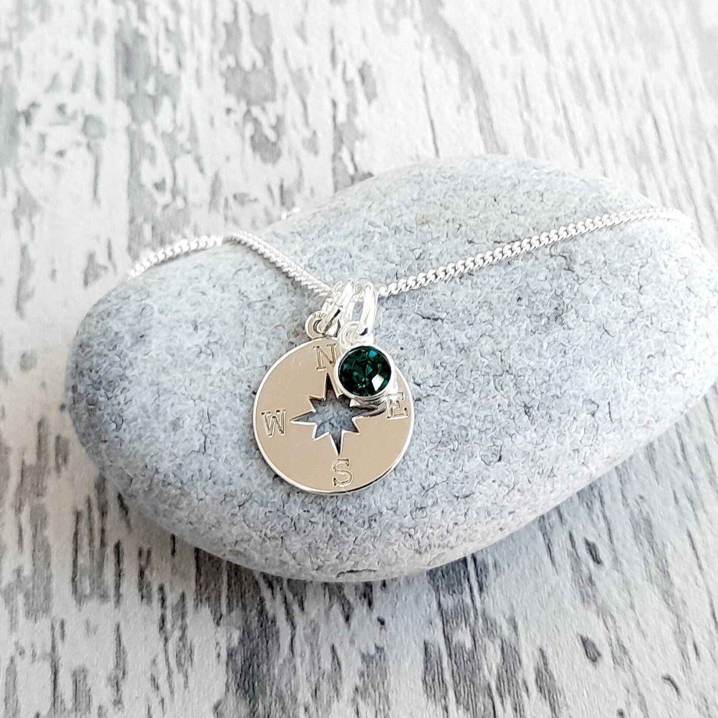 Compass Birthstone Necklace Sterling Silver 925, Personalised Jewellery