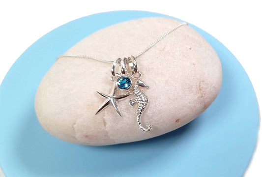 Under the Sea Starfish & Seahorse 925 Sterling Silver Necklace with Choice of Birthstone Crystal  -  Includes a Personalised Gift Message
