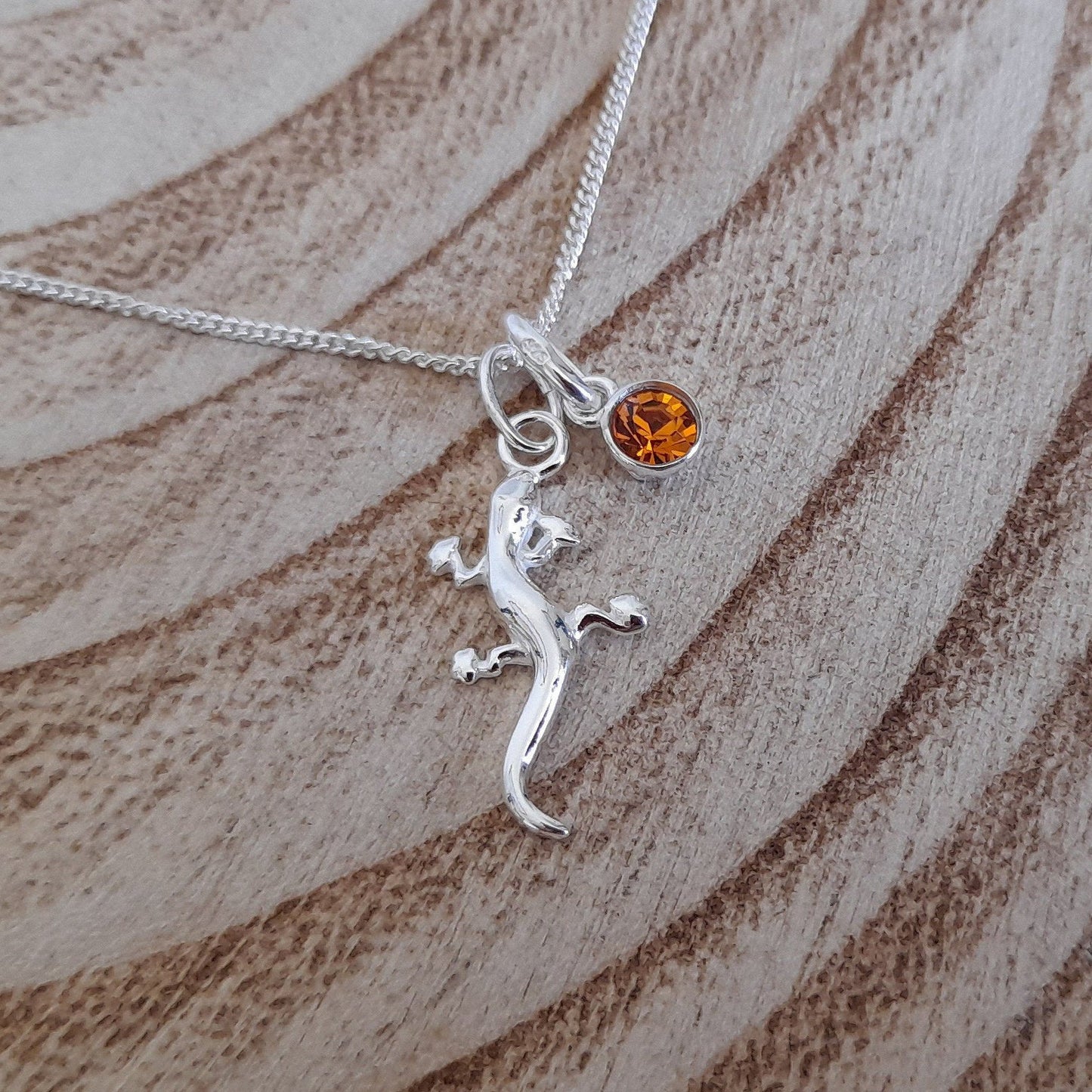 Gecko Birthstone Necklace Sterling Silver 925, Personalised Jewellery