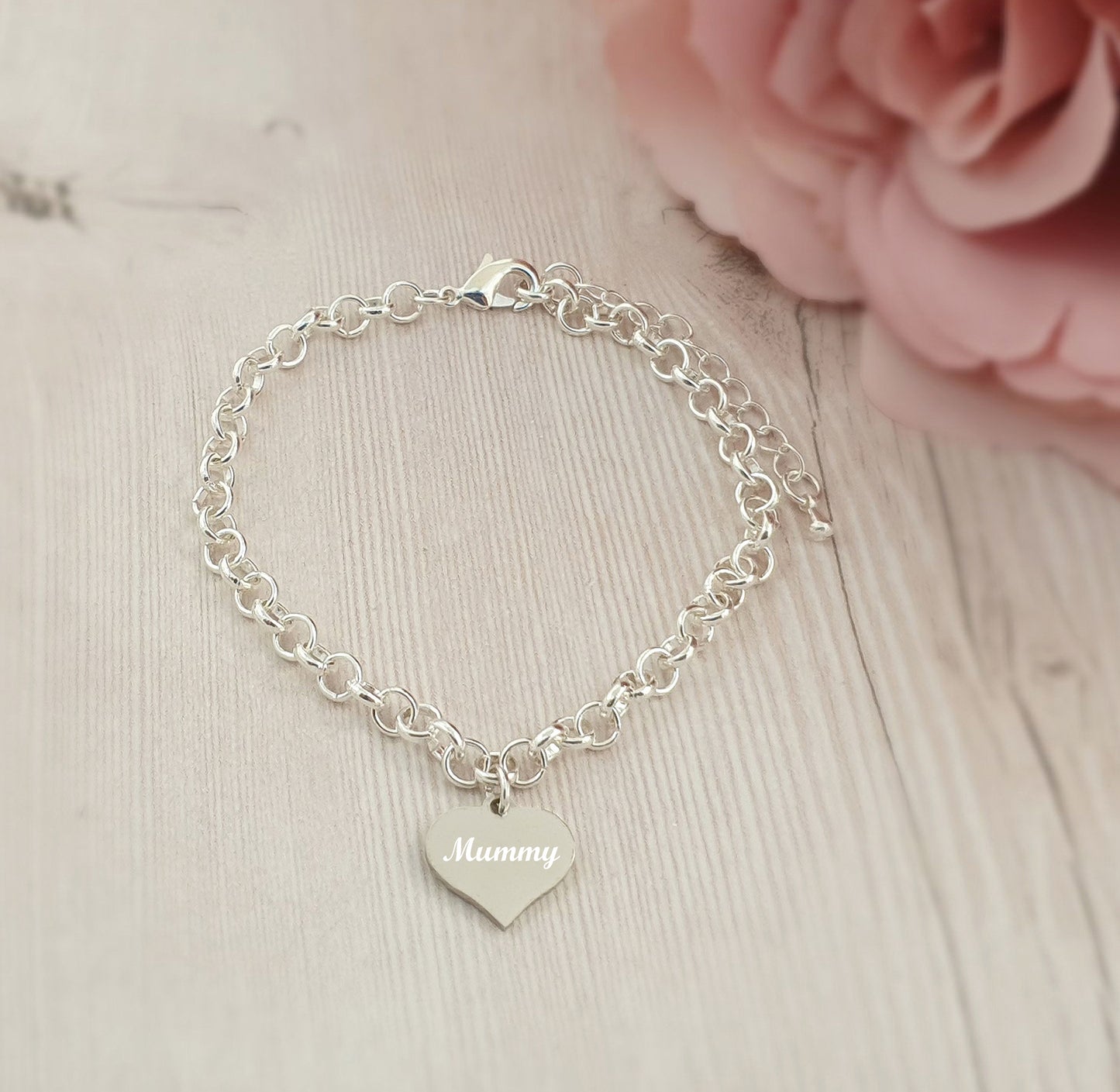 Mummy Engraved Heart Charm Link Bracelet, Gift for Women