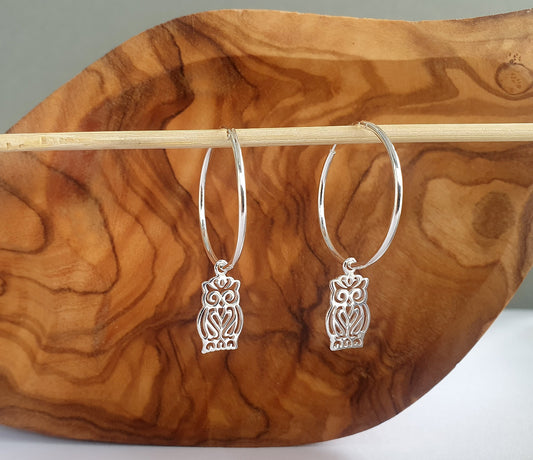 Filigree Owl Hoop Earrings 15mm 925 Sterling Silver