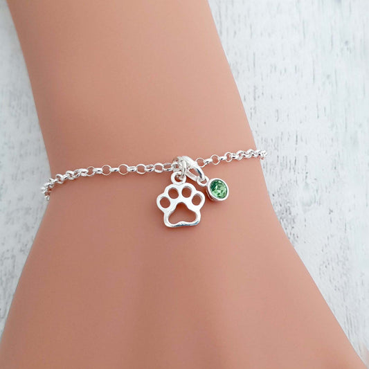 Open Paw Print Birthstone Link Bracelet 925 Sterling Silver for Girl's and Women