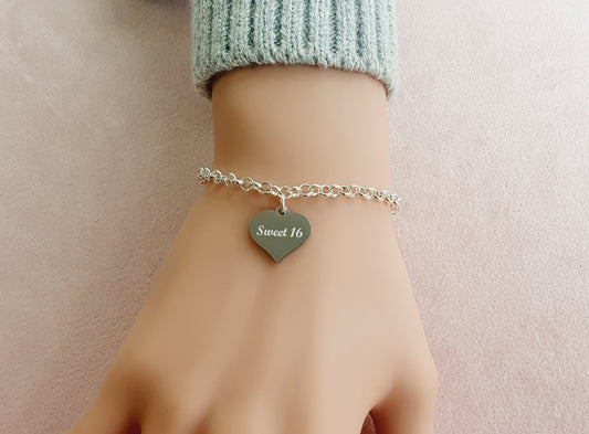Sweet 16 Engraved Heart Charm Link Bracelet, 16th Birthday Gift