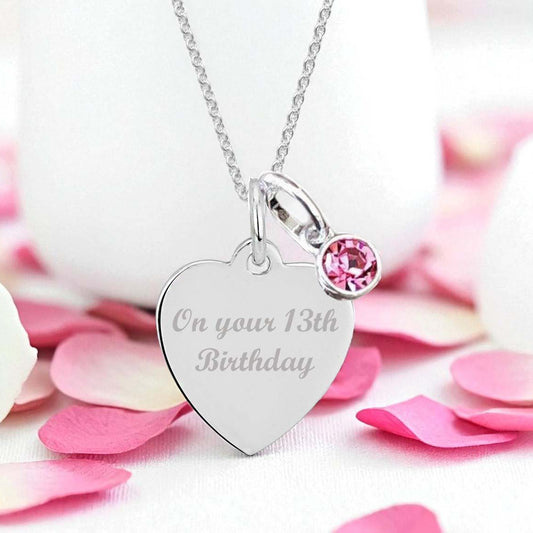 13th Birthday Engraved Necklace with Birthstone | Sterling Silver 925
