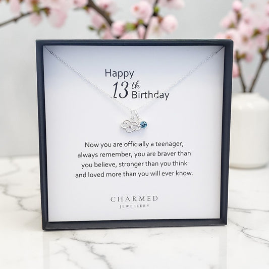 13th Birthday Infinity Heart Necklace with Birthstone | Sterling Silver 925 | Personalised Jewellery