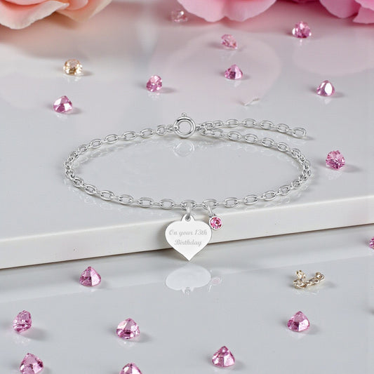 13th Birthday Birthstone Bracelet | Sterling Silver 925 | Personalised Engraved Name, Age Gift