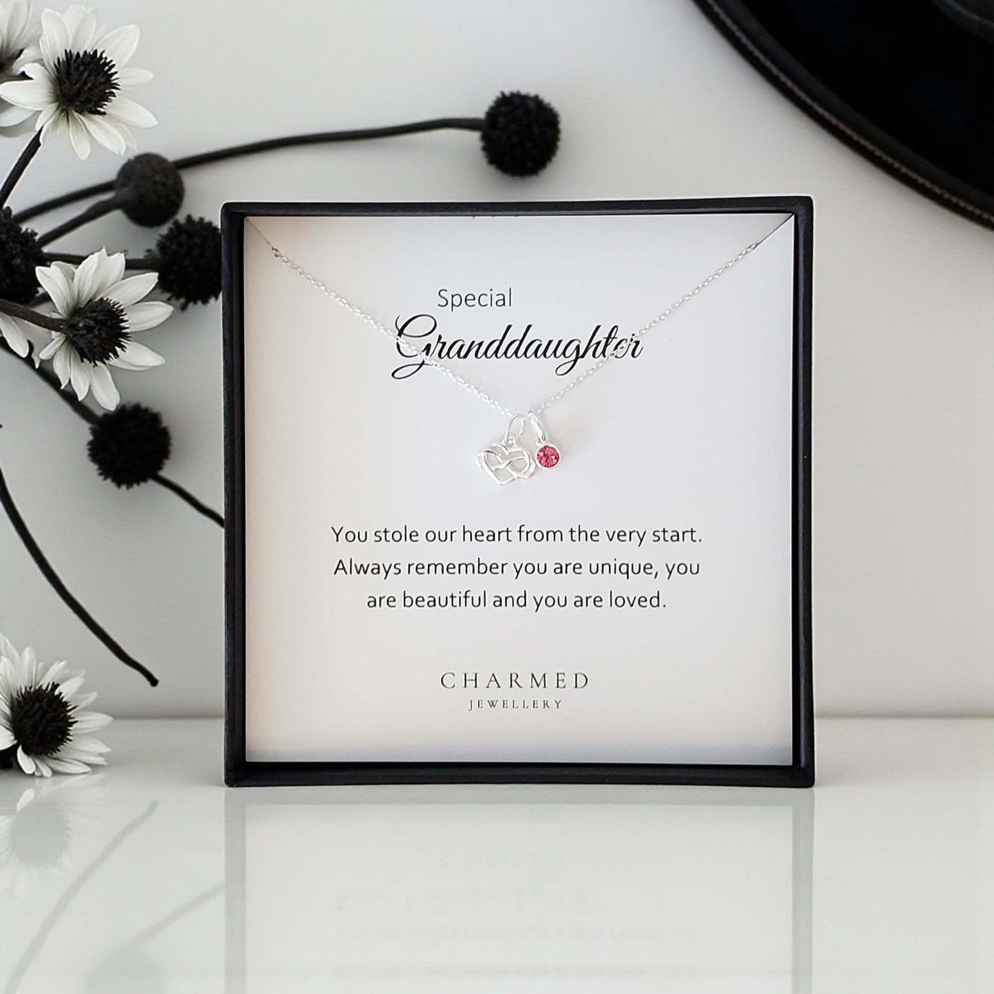Granddaughter Infinity Heart Necklace with Birthstone in Sterling Silver 925, Personalised Jewellery Gift