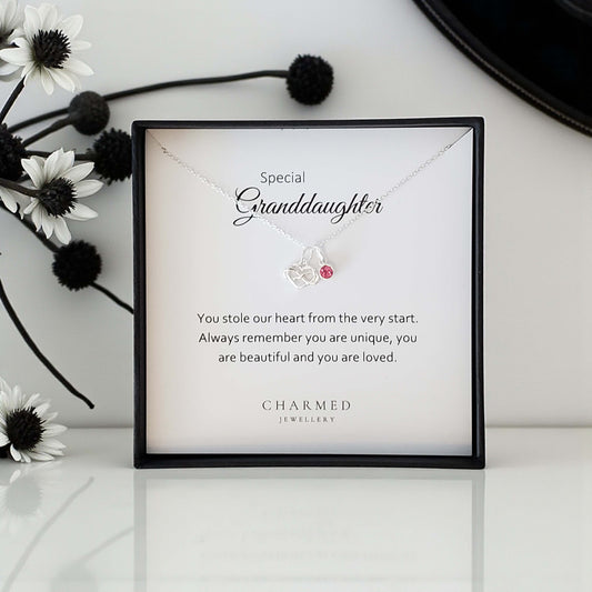 Granddaughter Infinity Heart Necklace with Birthstone in Sterling Silver 925, Personalised Jewellery Gift
