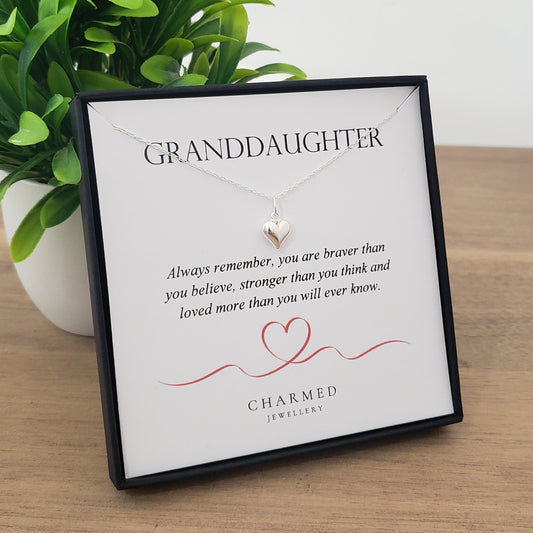 Granddaughter Puffy Heart Necklace in 925 Sterling Silver | Personalised Jewellery Gift