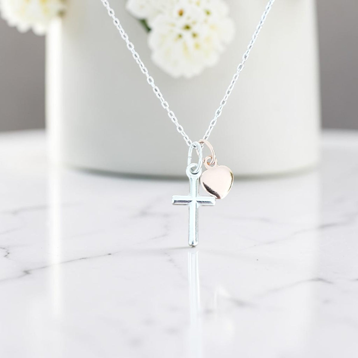 Cross Necklace with Heart in Sterling Silver 925 | Personalised Jewellery