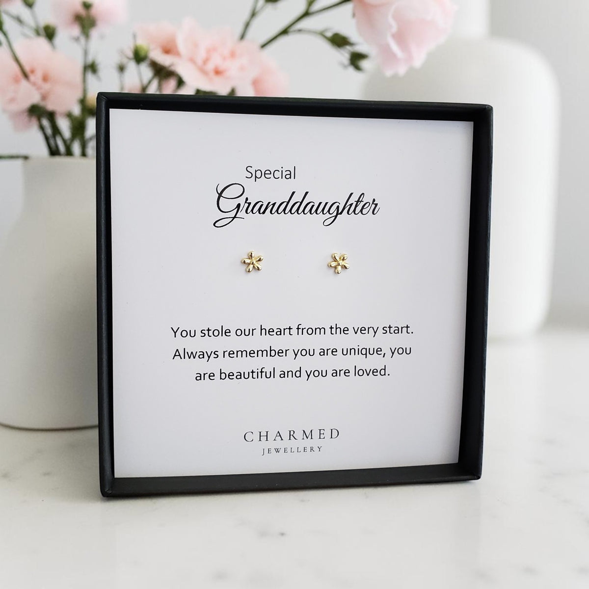 Granddaughter Gift | Gold Daisy Stud Earrings Sterling Silver 925 | Personalised Jewellery