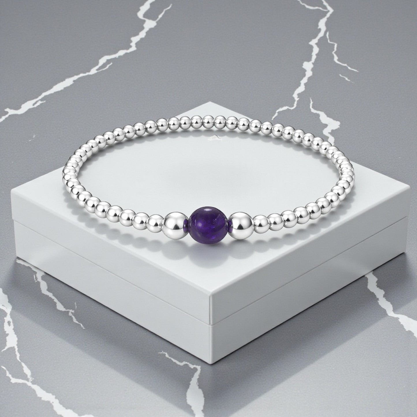 Genuine Amethyst Stretch Bracelet | February Birthstone | 4mm Beads in Sterling Silver 925