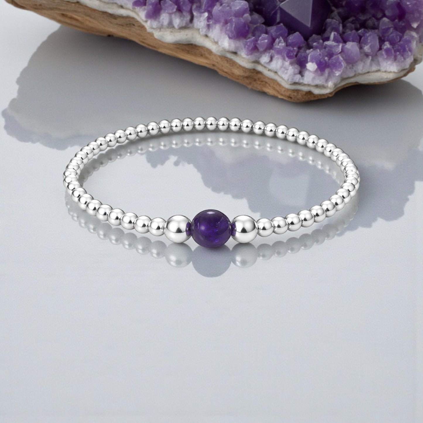 Genuine Amethyst Stretch Bracelet | February Birthstone | 4mm Beads in Sterling Silver 925