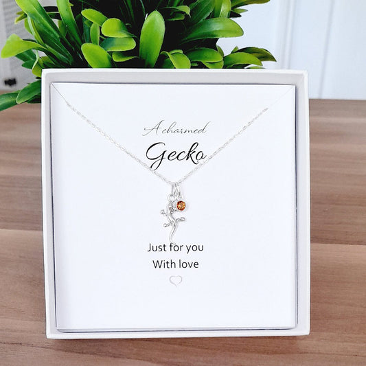 A Charmed Gecko Necklace with Crystal Birthstone Sterling Silver 925, Personalised Jewellery