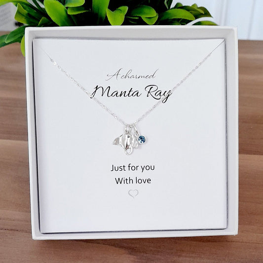 A Charmed Manta Ray Birthstone Necklace Sterling Silver 925, Personalised Jewellery