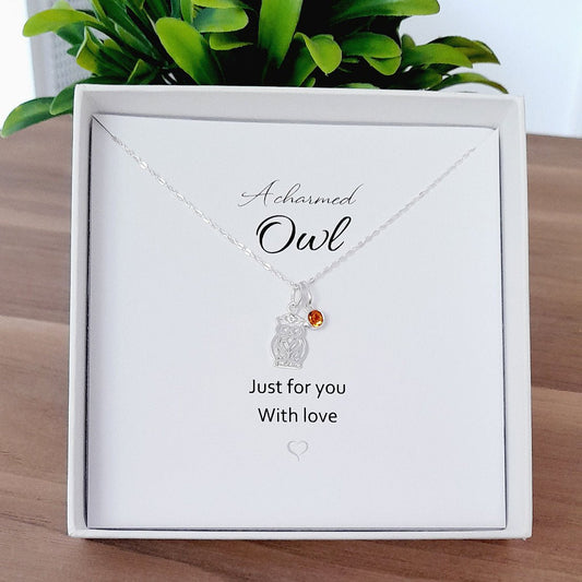 A Charmed Owl Birthstone Necklace Sterling Silver 925, Personalised Jewellery