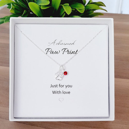 A Charmed Paw Print Birthstone Necklace Sterling Silver 925, Personalised Jewellery