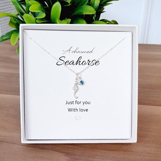 A Charmed Seahorse Birthstone Necklace Sterling Silver 925, Personalised Jewellery