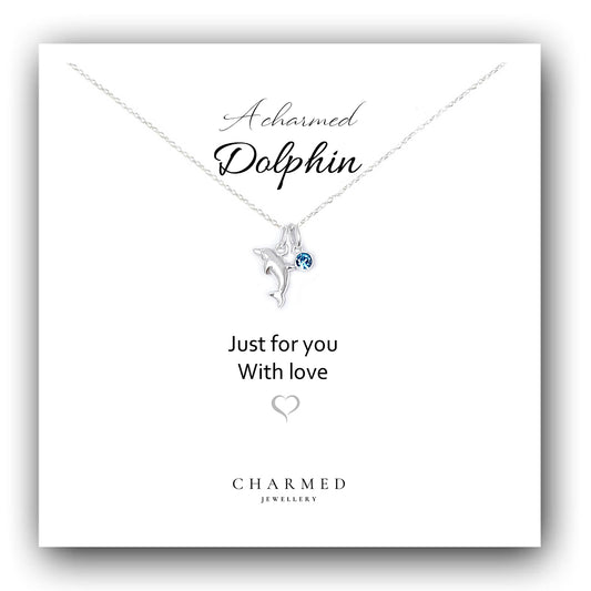 A Charmed Dolphin Birthstone Necklace in Sterling Silver 925 | Personalised Jewellery Gift