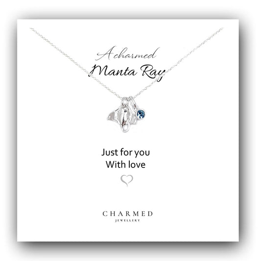 A Charmed Manta Ray Birthstone Necklace in Sterling Silver 925 | Personalised Jewellery Gift