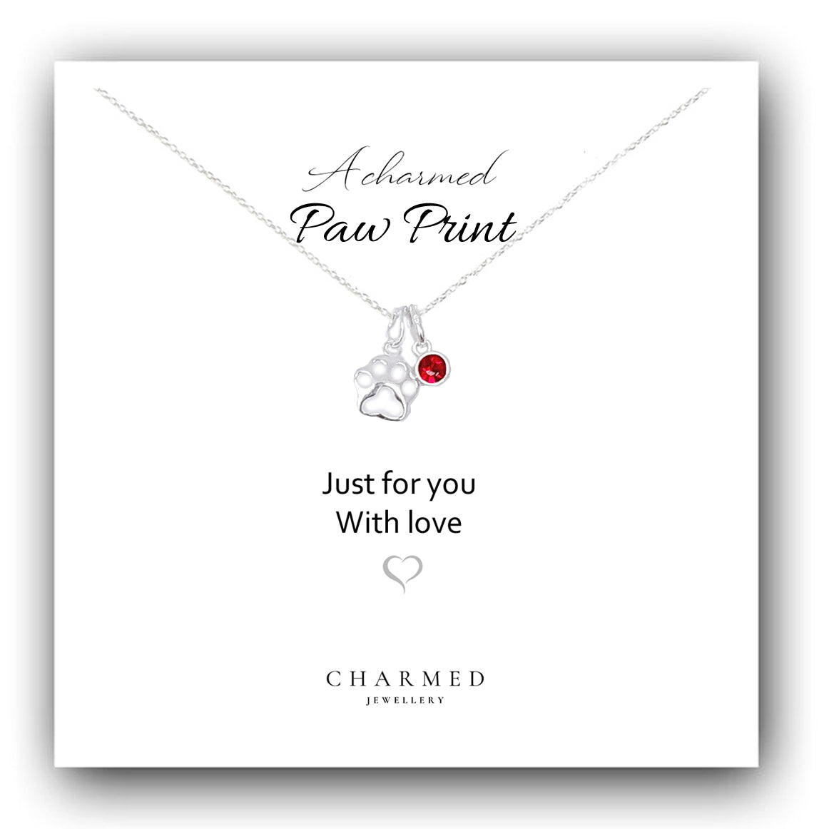 A Charmed Paw Print Birthstone Necklace in Sterling Silver 925 | Personalised Jewellery Gift