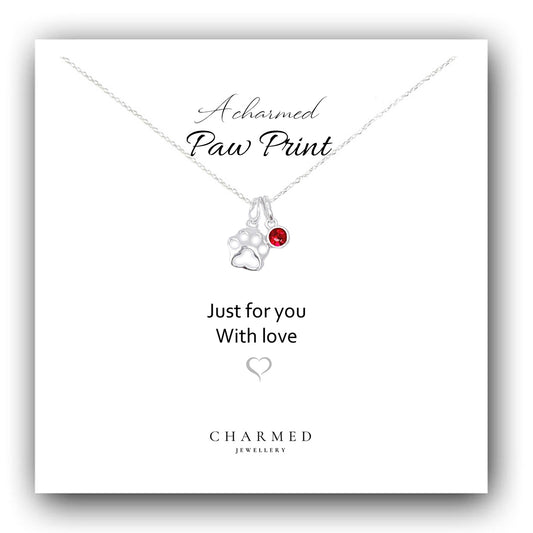 A Charmed Paw Print Birthstone Necklace in Sterling Silver 925 | Personalised Jewellery Gift