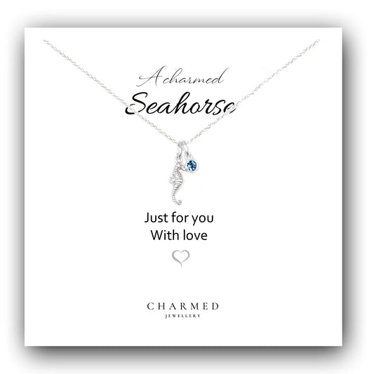 A Charmed Seahorse Birthstone Necklace in Sterling Silver 925 | Personalised Jewellery Gift