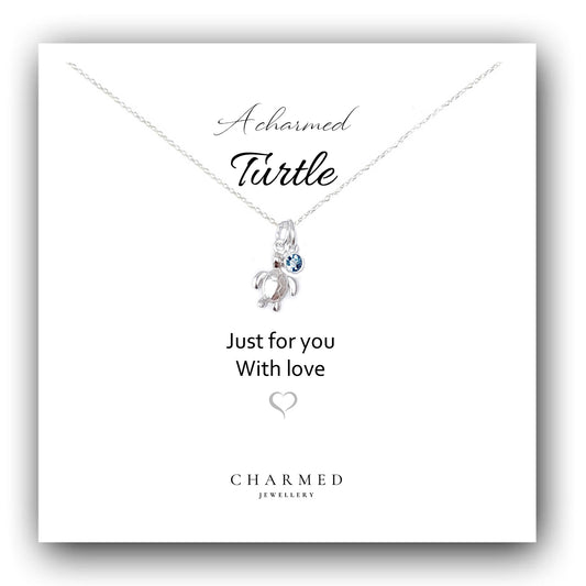A Charmed Turtle Birthstone Necklace in Sterling Silver 925 | Personalised Jewellery Gift