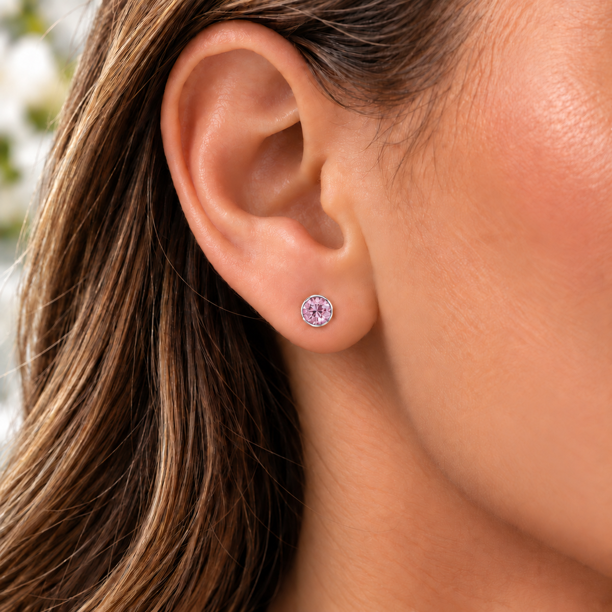 4mm June Alexandrite Birthstone Stud Earrings worn by model