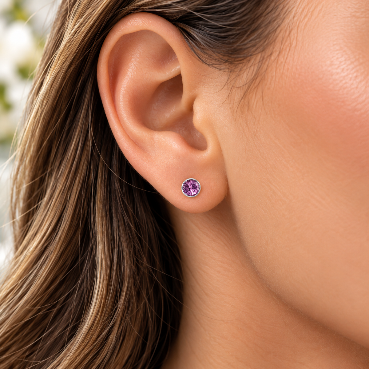 4mm February Amethyst Birthstone Stud Earrings worn by model