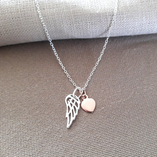 Angel Wing Necklace with Rose Gold Heart in Sterling Silver 925, Personalised Jewellery