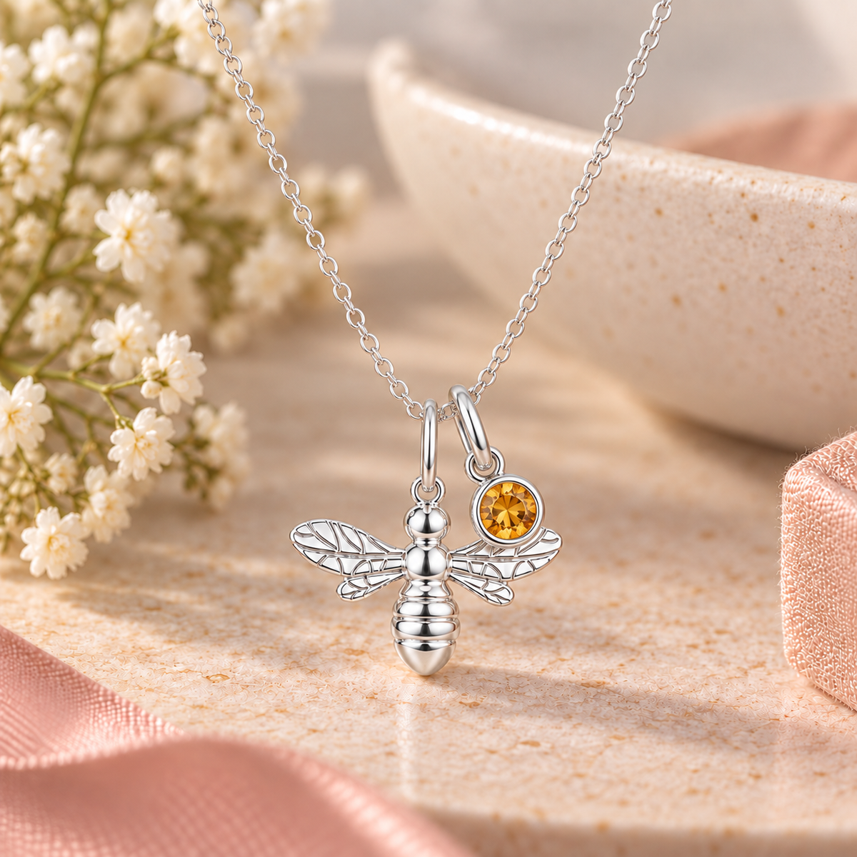 Sterling Silver Bee Necklace with crystal birthstone