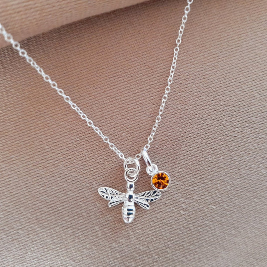 Bee Birthstone Necklace Sterling Silver 925, Personalised Jewellery