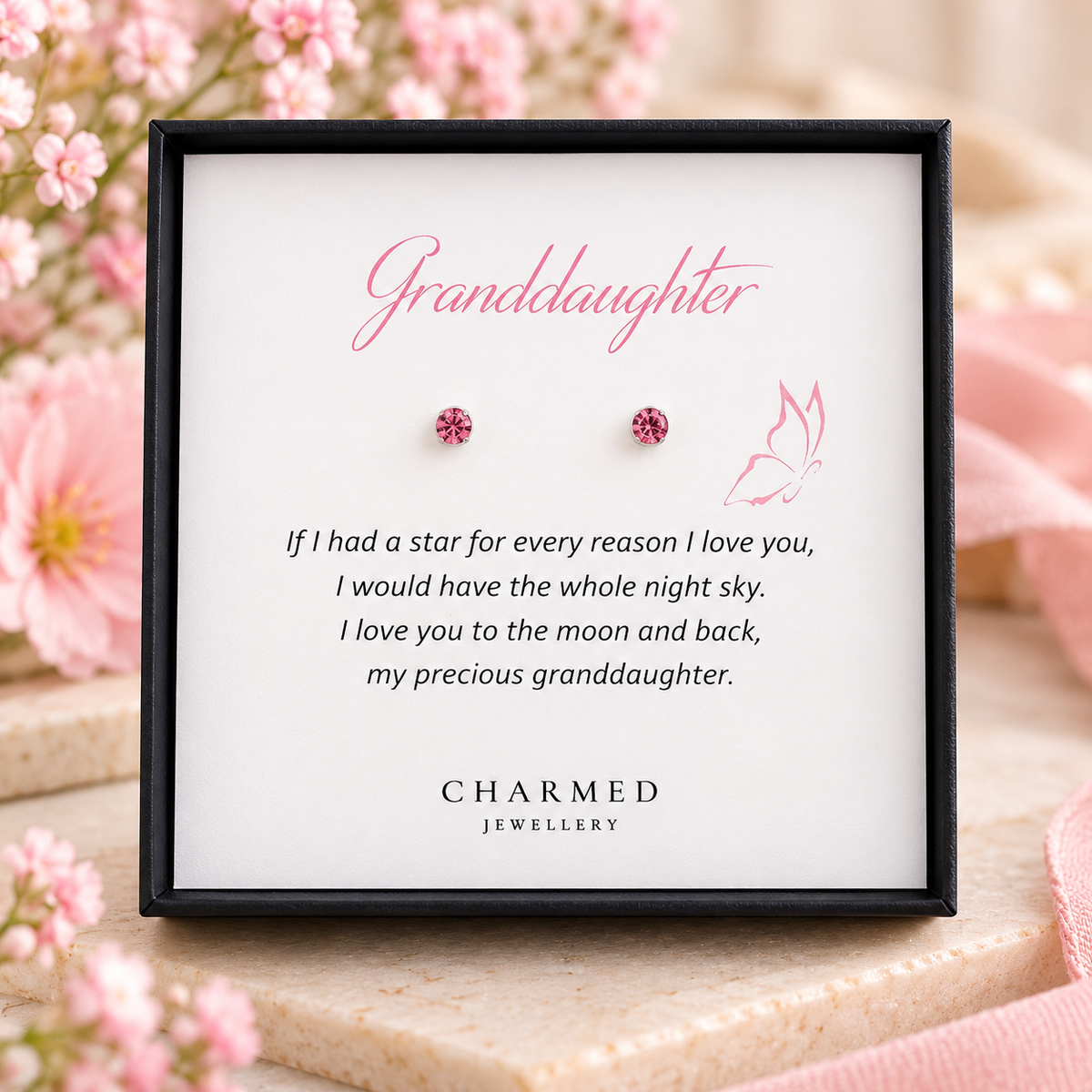 Granddaughter Birthstone Stud Earrings 925 Sterling Silver on personalised message card