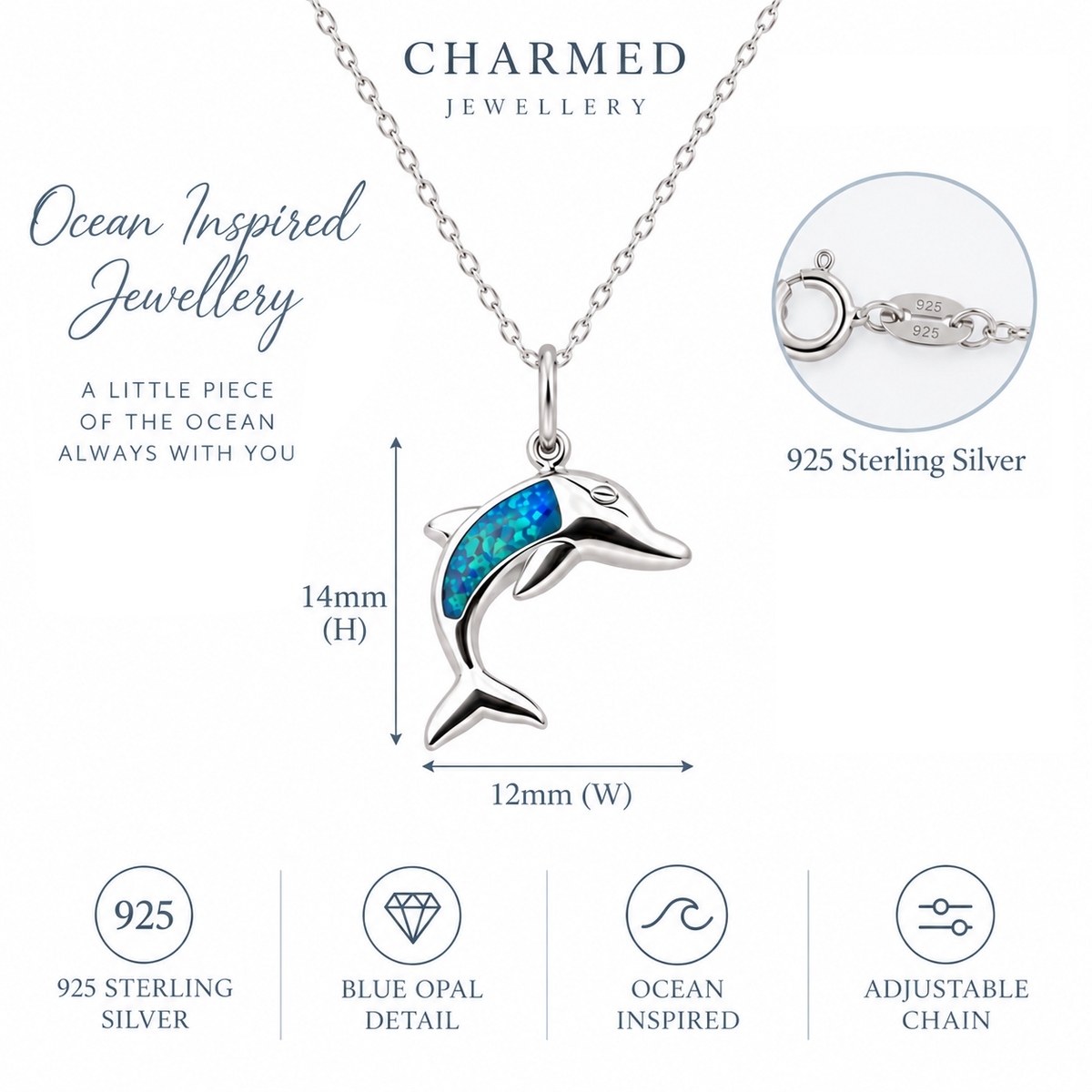 Blue Opal Dolphin Necklace in sterling silver with measurements