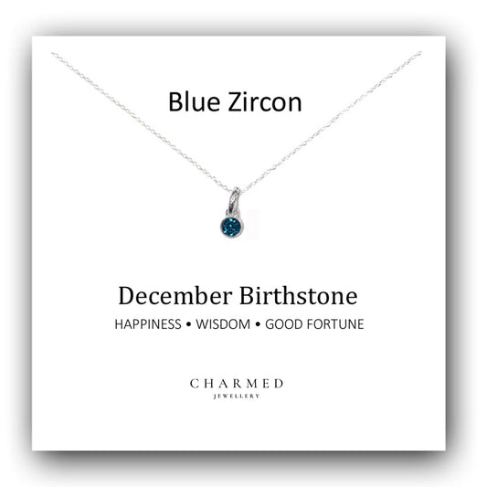 Blue Zircon Birthstone Necklace 925 Sterling Silver, December Birthstone