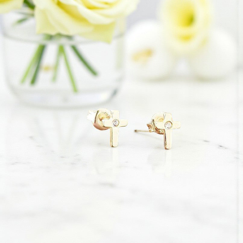 CZ Cross Stud Earrings | 14ct Yellow Gold Plated Sterling Silver 925 | Religious Jewellery Gift