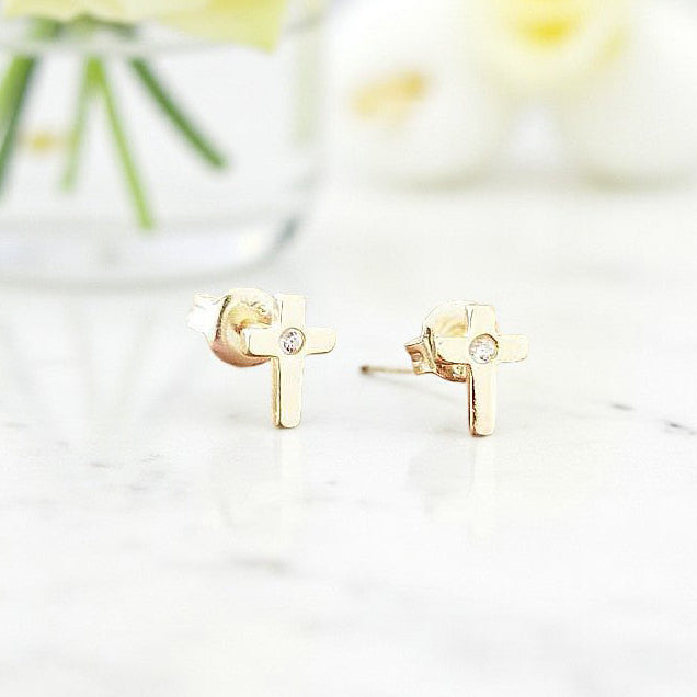 Gold CZ Cross Stud Earrings in Sterling Silver 925 | Personalised Jewellery Gift