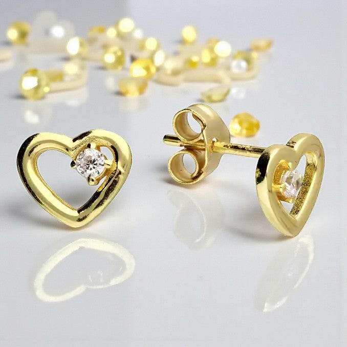 14ct Yellow Gold CZ Open Heart Stud Earrings | Sterling Silver 925 | Elegant Jewellery Gift