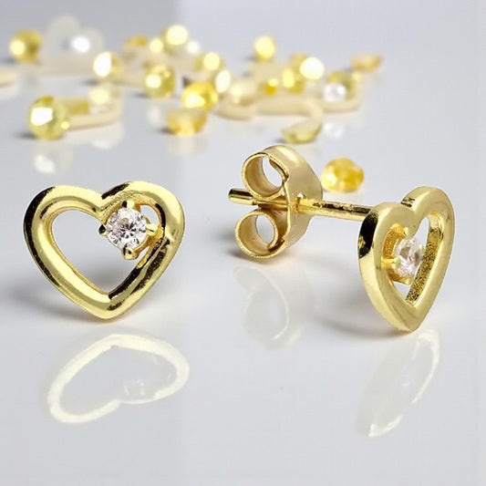 14ct Yellow Gold CZ Open Heart Stud Earrings | Sterling Silver 925 | Elegant Jewellery Gift