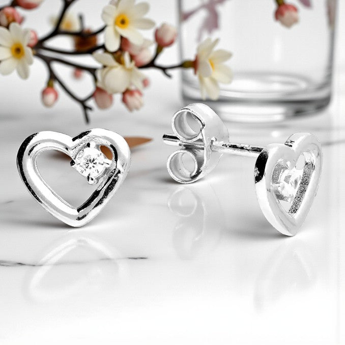 Retirement Gift, CZ Heart Stud Earrings Sterling Silver 925 | Personalised Jewellery Gift