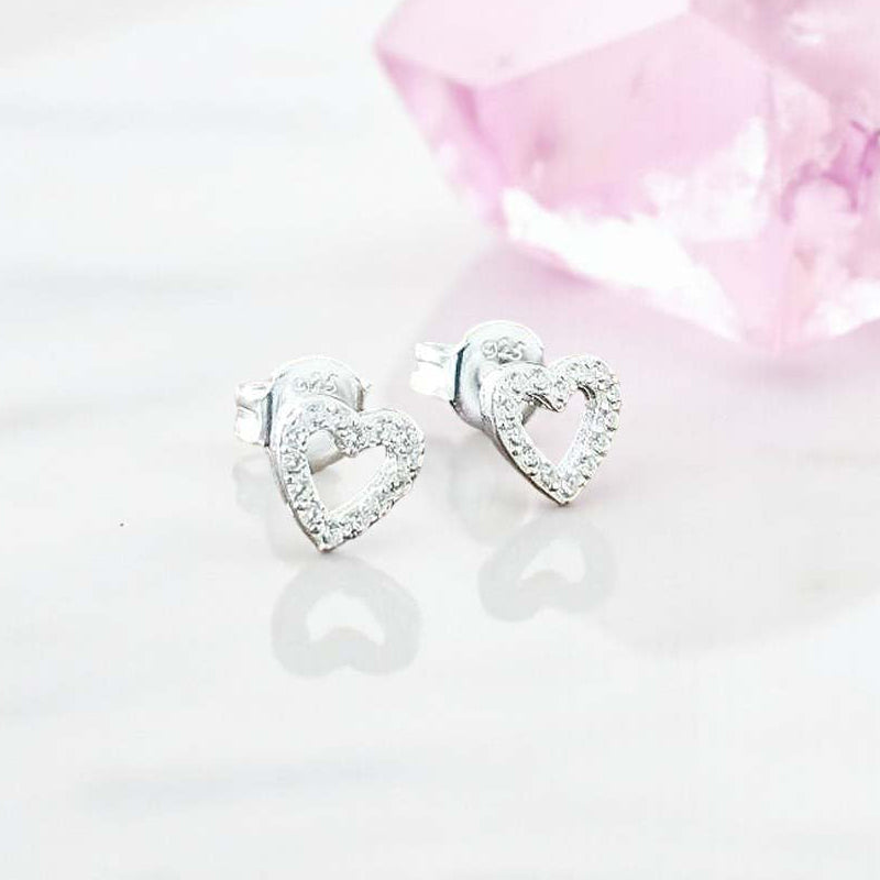 CZ Cluster Heart Stud Earrings in Sterling Silver 925 | Personalised Jewellery Gift