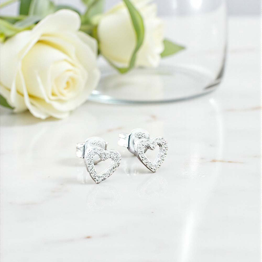 CZ Open Heart Stud Earrings | Sterling Silver 925 | Elegant Jewellery Gift